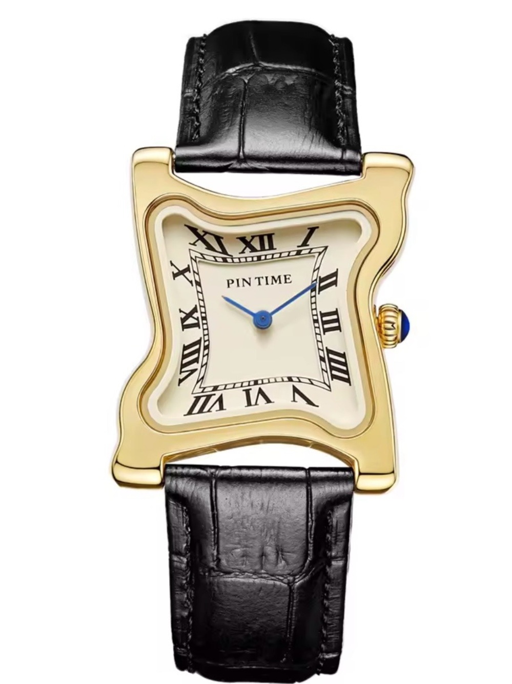 New unisex PIN TIME Gold Frame Watch with Black Leather Strap